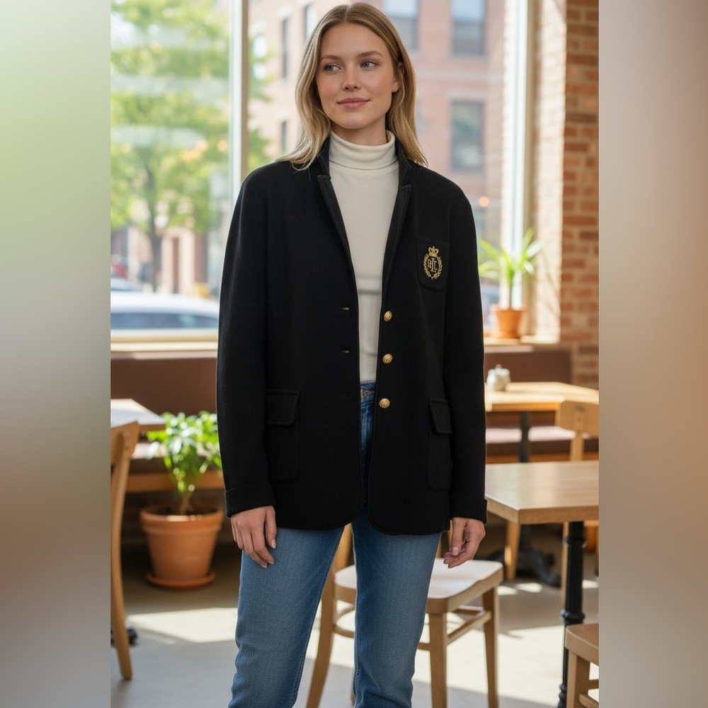 Lauren Ralph Lauren Black Crest-Embroidered Single-Breasted Blazer - Prep -